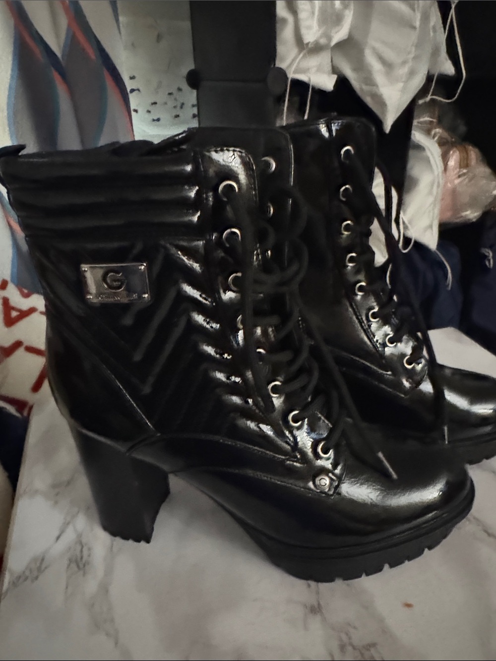 GBG Los Angeles Black Quilted Lace-Up Chunky Heel Boots